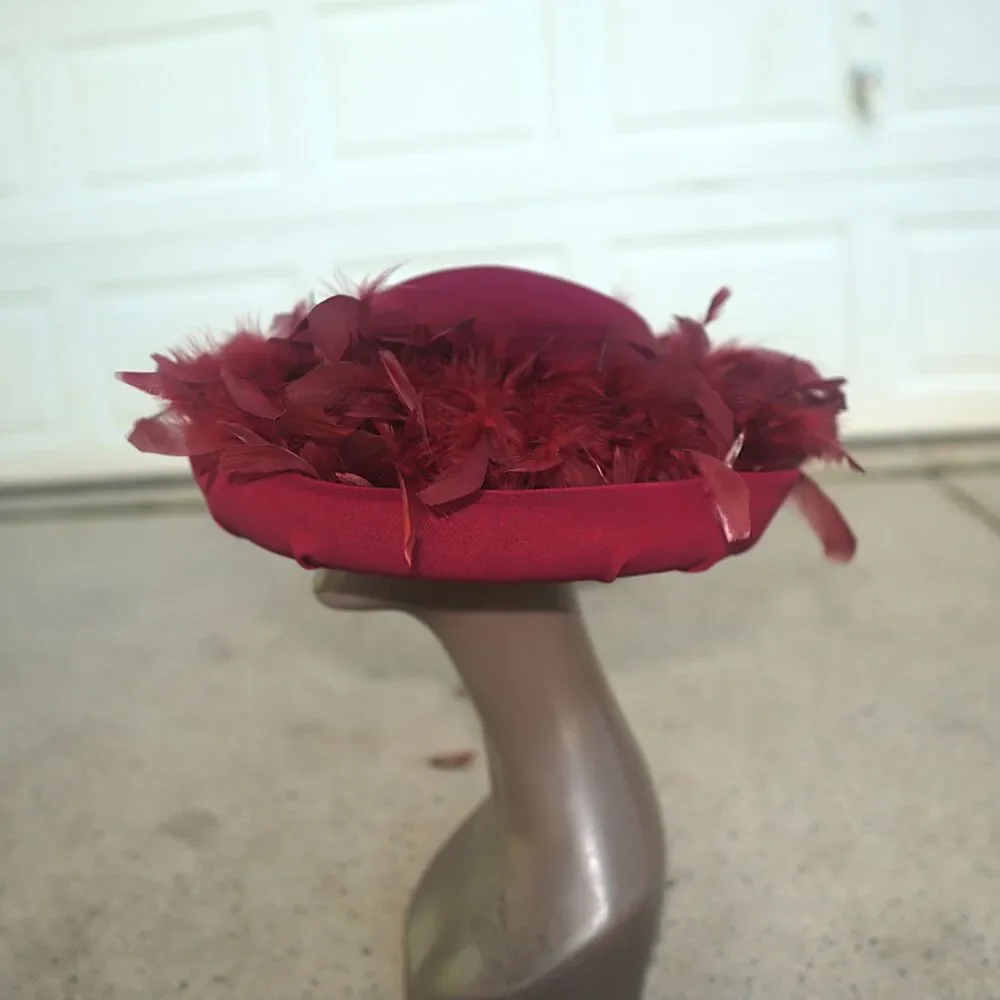 Vintage Gilbert and Ivy Burgundy Wool Feather Pillbox Hat / Fascinator
